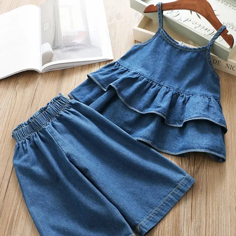 Blue Denim Ruffle Cami Top and Wide Leg Jeans Set for Girls - JAC