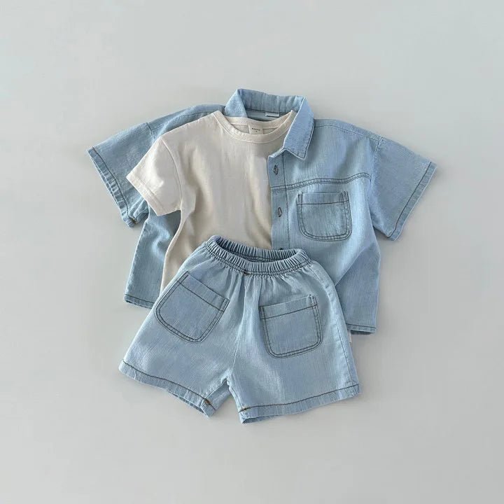 Blue Toddler Boys Denim Shirt and Shorts Set with Elastic Waist - JAC