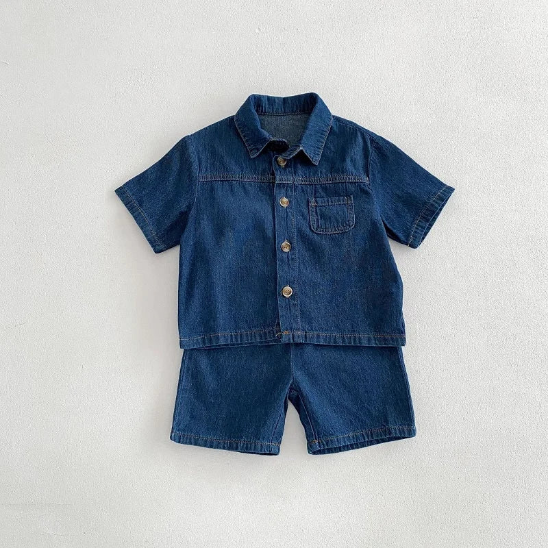 Blue Toddler Boys Denim Shirt and Shorts Set with Elastic Waist - JAC