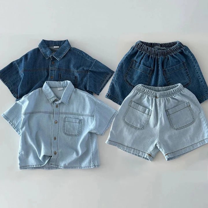 Blue Toddler Boys Denim Shirt and Shorts Set with Elastic Waist - JAC