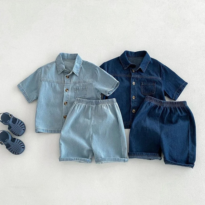 Blue Toddler Boys Denim Shirt and Shorts Set with Elastic Waist - JAC