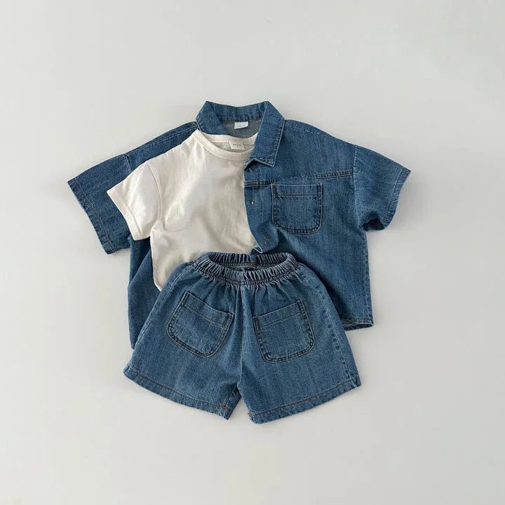 Blue Toddler Boys Denim Shirt and Shorts Set with Elastic Waist - JAC