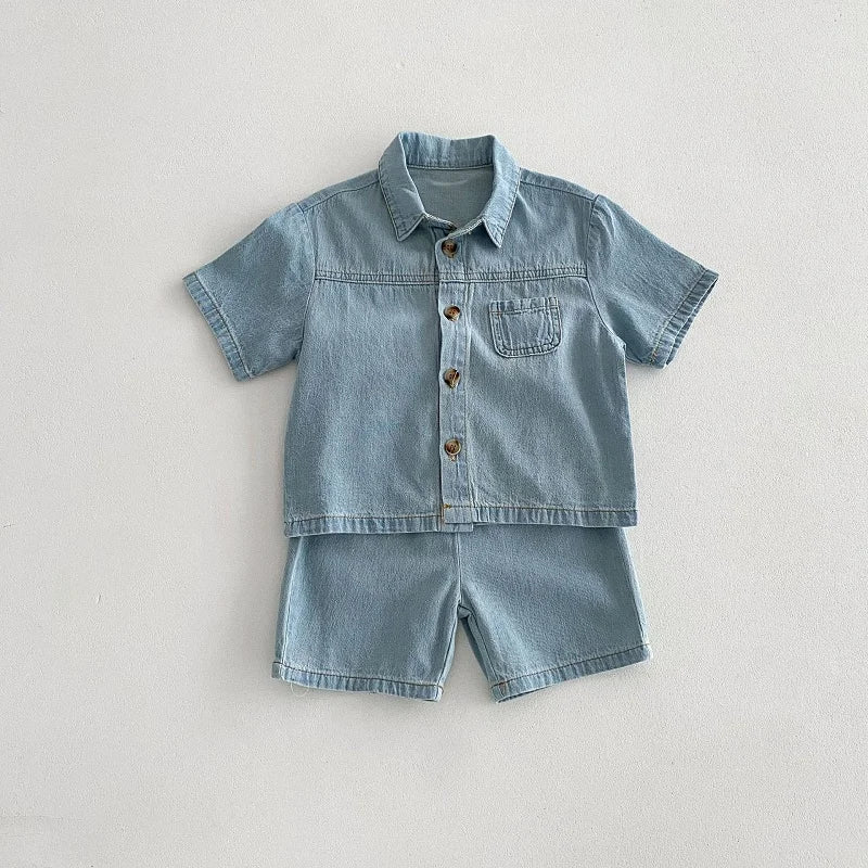 Blue Toddler Boys Denim Shirt and Shorts Set with Elastic Waist - JAC