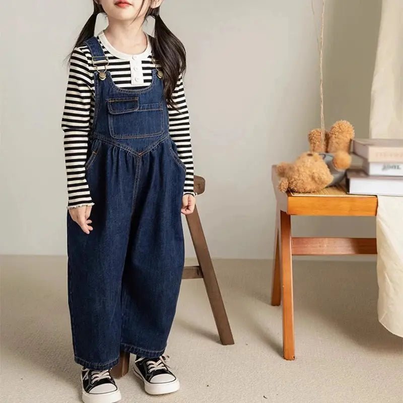 Blue Wide Leg Denim Overalls for Girls - JAC