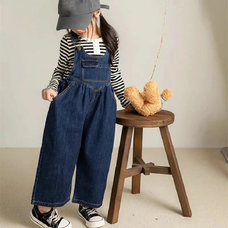 Blue Wide Leg Denim Overalls for Girls - JAC