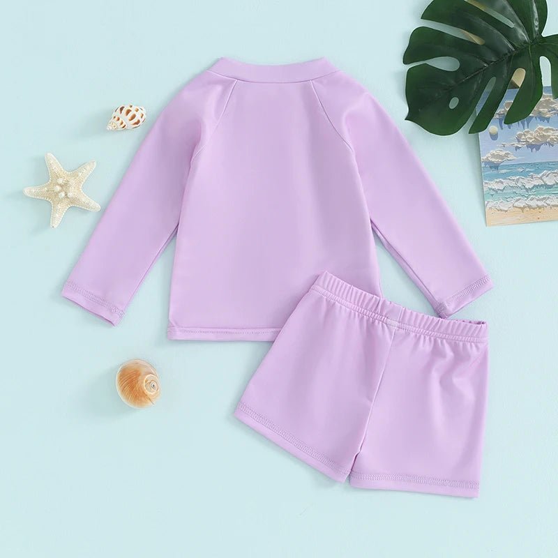 Boys and Girls 2 Piece Swimwear Set Children Zipper Long Sleeve Swimsuit + Swim Shorts Infant Toddler Beach Wear - JAC