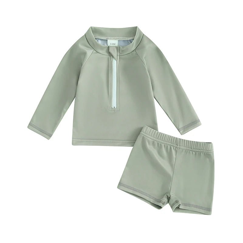 Boys and Girls 2 Piece Swimwear Set Children Zipper Long Sleeve Swimsuit + Swim Shorts Infant Toddler Beach Wear - JAC