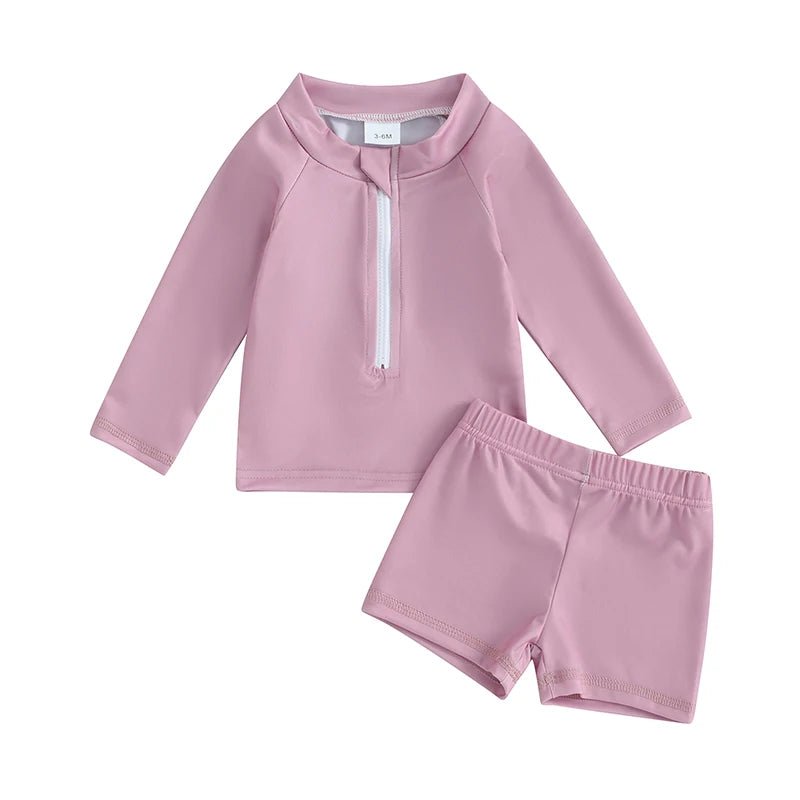 Boys and Girls 2 Piece Swimwear Set Children Zipper Long Sleeve Swimsuit + Swim Shorts Infant Toddler Beach Wear - JAC