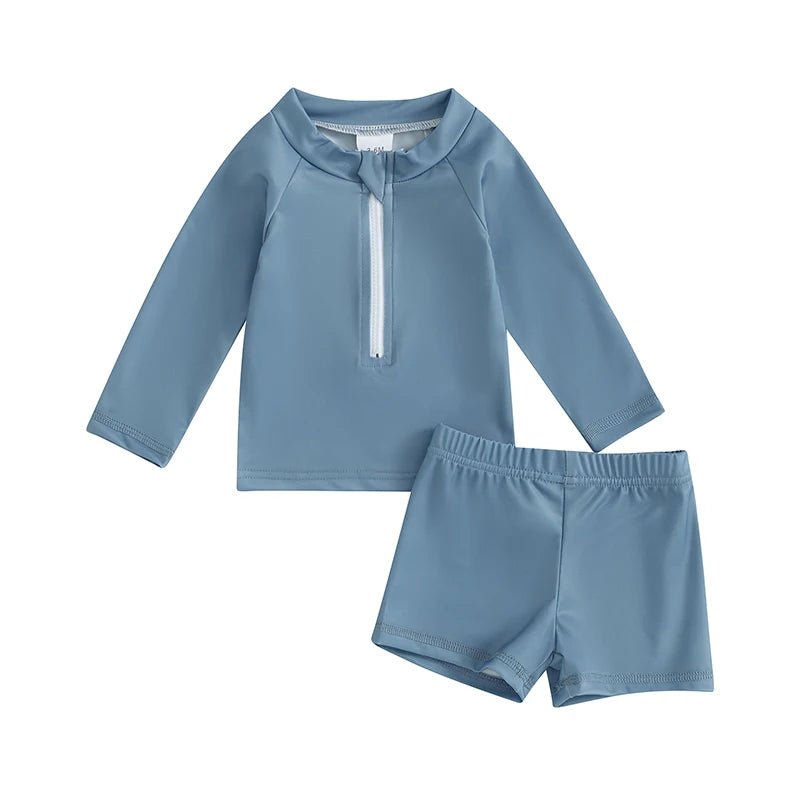 Boys and Girls 2 Piece Swimwear Set Children Zipper Long Sleeve Swimsuit + Swim Shorts Infant Toddler Beach Wear - JAC