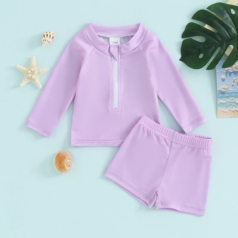 Boys and Girls 2 Piece Swimwear Set Children Zipper Long Sleeve Swimsuit + Swim Shorts Infant Toddler Beach Wear - JAC