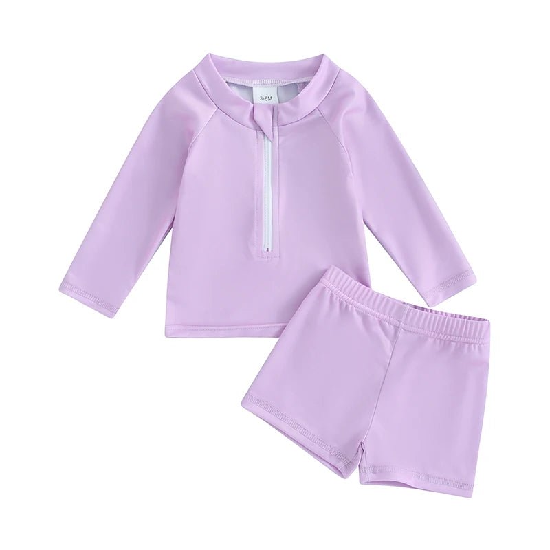 Boys and Girls 2 Piece Swimwear Set Children Zipper Long Sleeve Swimsuit + Swim Shorts Infant Toddler Beach Wear - JAC