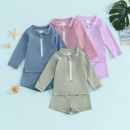 Boys and Girls 2 Piece Swimwear Set Children Zipper Long Sleeve Swimsuit + Swim Shorts Infant Toddler Beach Wear - JAC