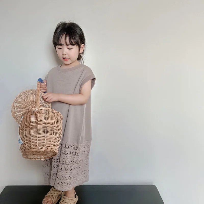 Brown Embroidered Maxi Knit Summer Dress for Girls - JAC