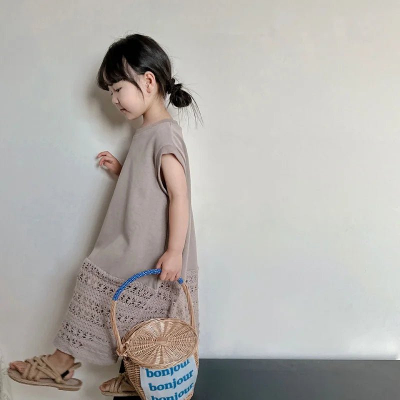 Brown Embroidered Maxi Knit Summer Dress for Girls - JAC