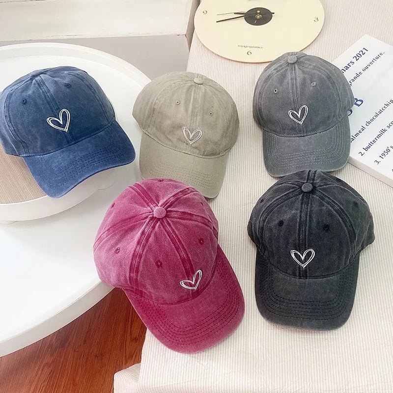 Children Baseball Hats Vintage Washed Cotton Baseball Cap Spring Summer Baby Kids Sun Proof Hat Valentine Heart Print Visor Cap - JAC