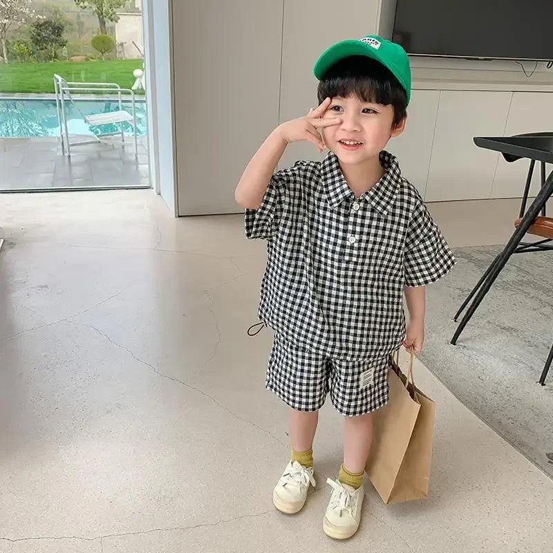 Children Clothing 2023 New Fashionable Boys Clothes Set Spring Summer Kids Sports Style Short Sleeves Plaid Shorts Two Piece Set - JAC