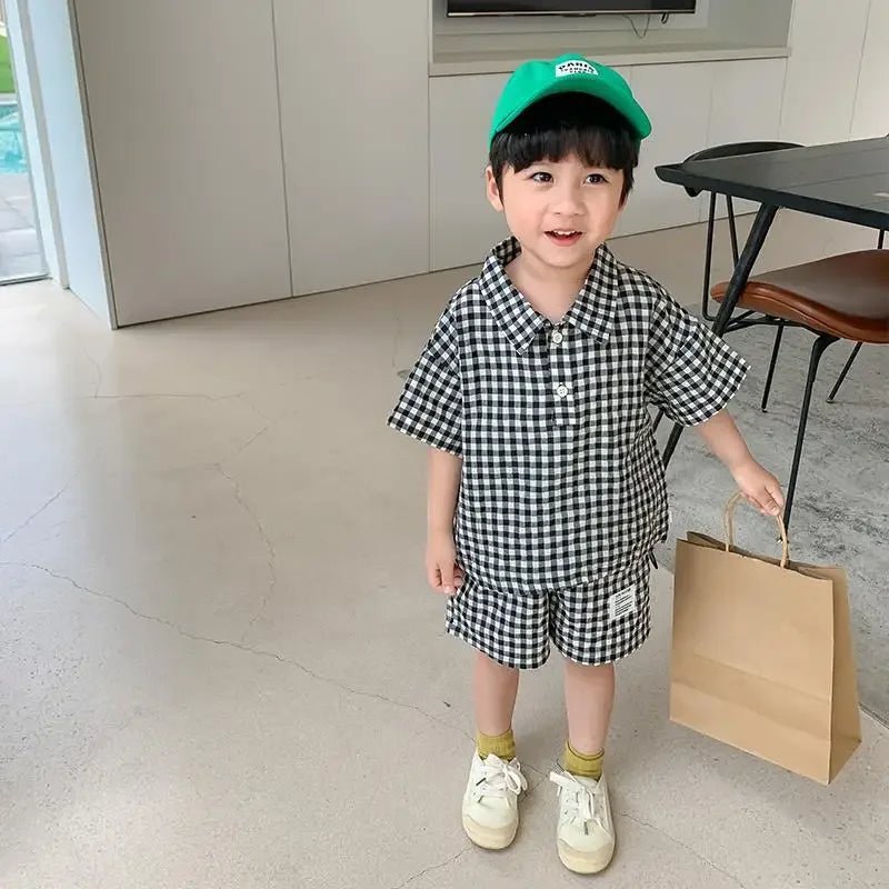 Children Clothing 2023 New Fashionable Boys Clothes Set Spring Summer Kids Sports Style Short Sleeves Plaid Shorts Two Piece Set - JAC