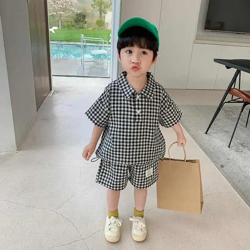 Children Clothing 2023 New Fashionable Boys Clothes Set Spring Summer Kids Sports Style Short Sleeves Plaid Shorts Two Piece Set - JAC