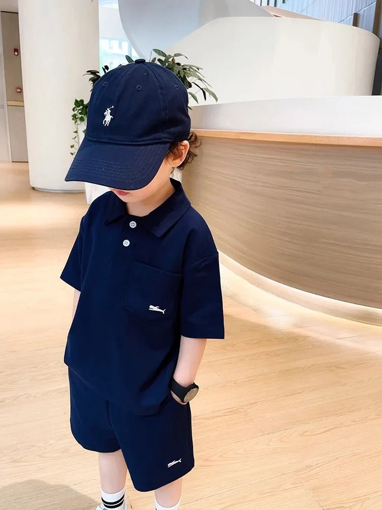 Children's Boys Summer Short - Sleeved Shorts Set New Casual Loose Polo Top T - Shirt Shorts Solid Colour Fashion Two - Piece Set - JAC