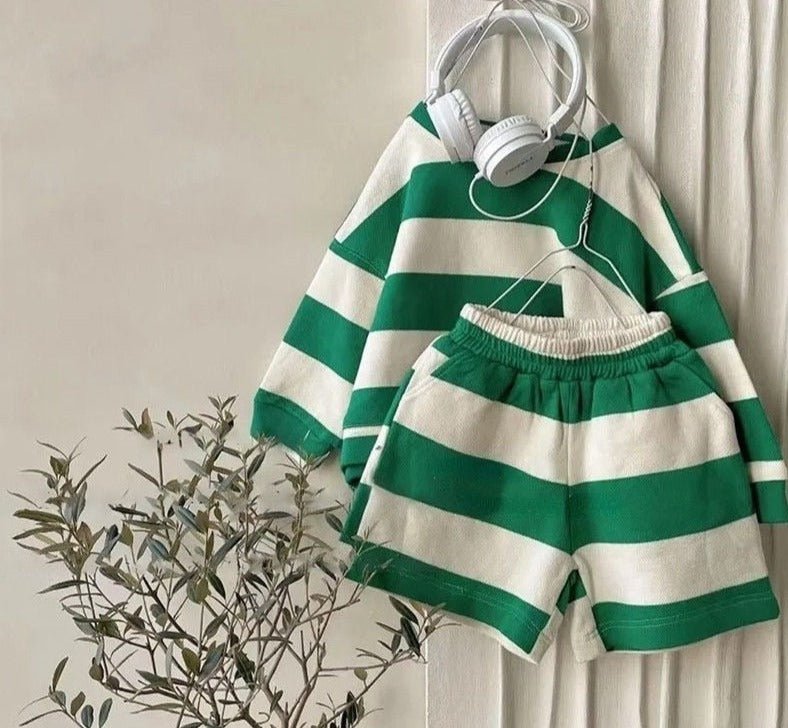 Children's Striped Cotton Jumper and Shorts Set - Green & Black - JAC