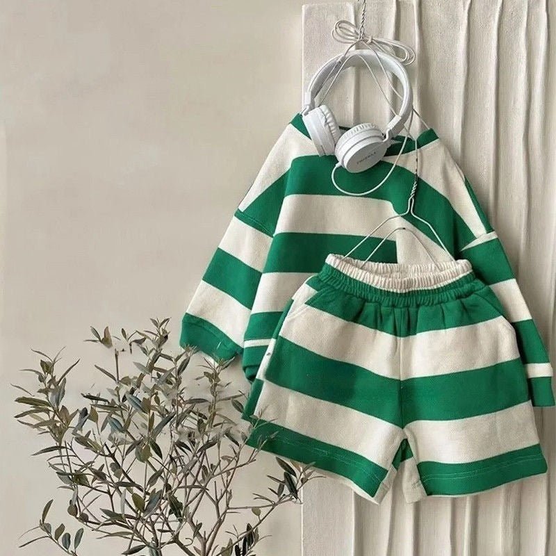 Children's Striped Cotton Jumper and Shorts Set - Green & Black - JAC