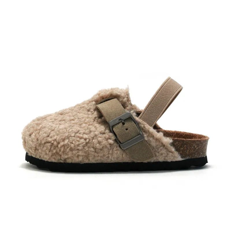 Comfortable Kids' Faux Fur Buckle Cork Mules in Chocolate and Apricot - JAC