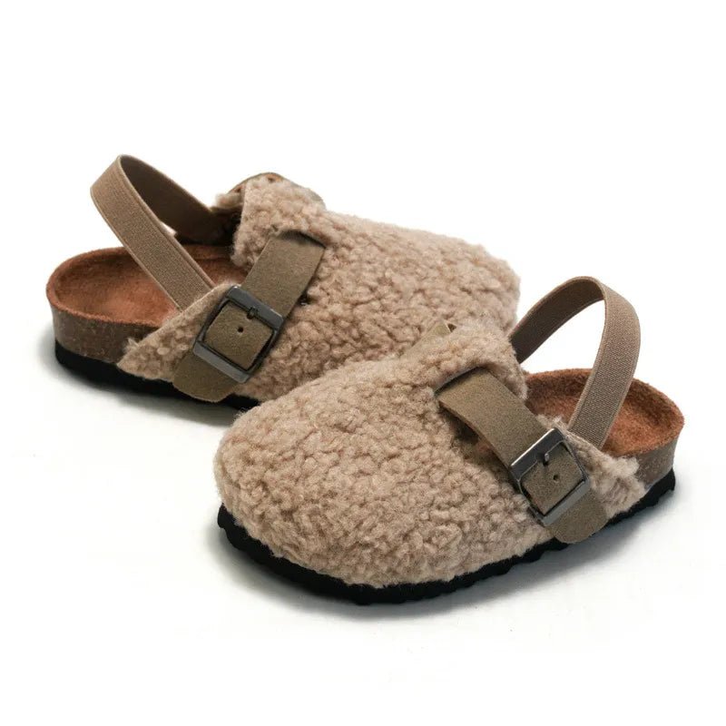 Comfortable Kids' Faux Fur Buckle Cork Mules in Chocolate and Apricot - JAC