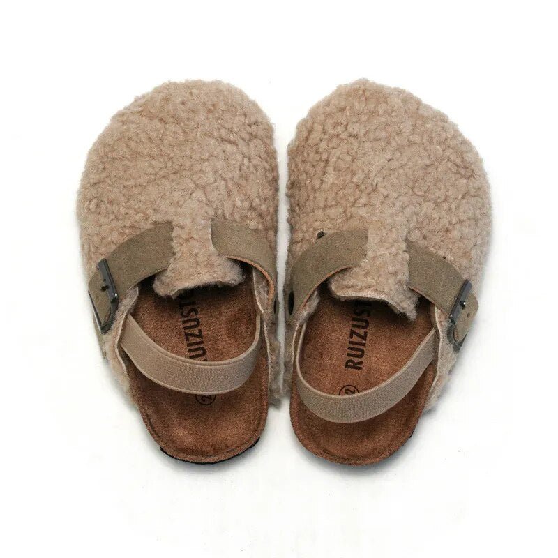 Comfortable Kids' Faux Fur Buckle Cork Mules in Chocolate and Apricot - JAC