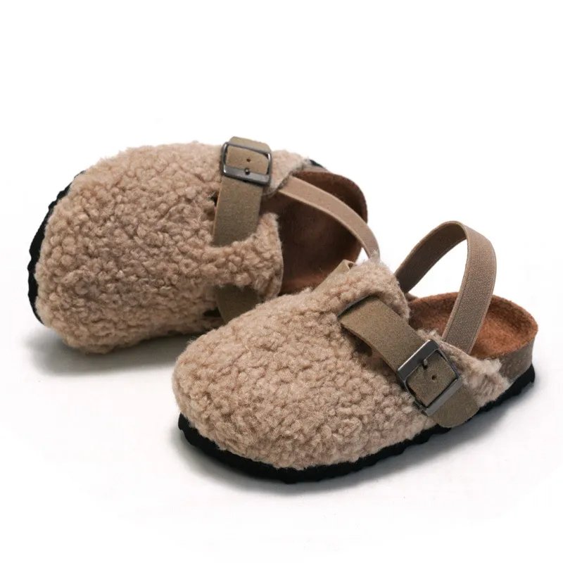 Comfortable Kids' Faux Fur Buckle Cork Mules in Chocolate and Apricot - JAC