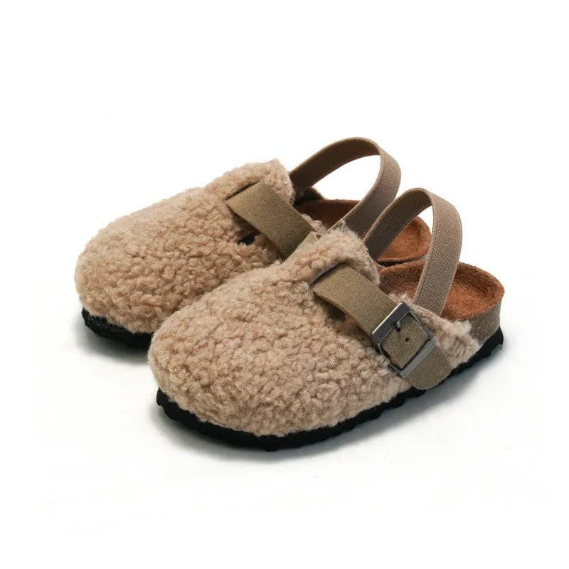 Comfortable Kids' Faux Fur Buckle Cork Mules in Chocolate and Apricot - JAC