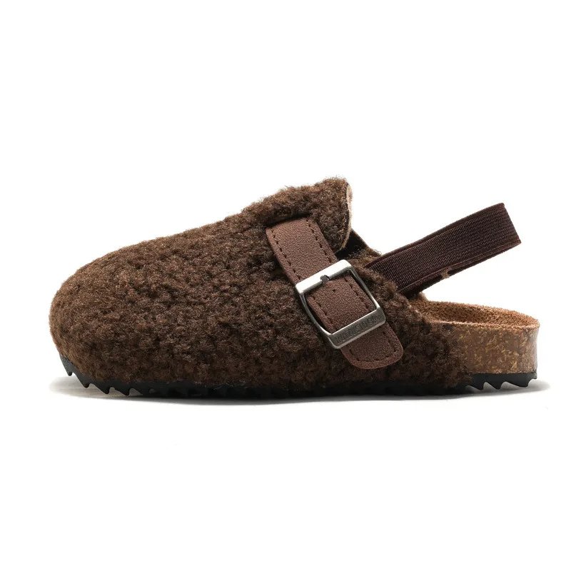 Comfortable Kids' Faux Fur Buckle Cork Mules in Chocolate and Apricot - JAC