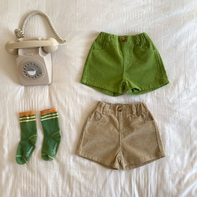 Corduroy Loose Shorts for Kids - Green & Beige, Elasticated Waist - 12M to 7Y - JAC