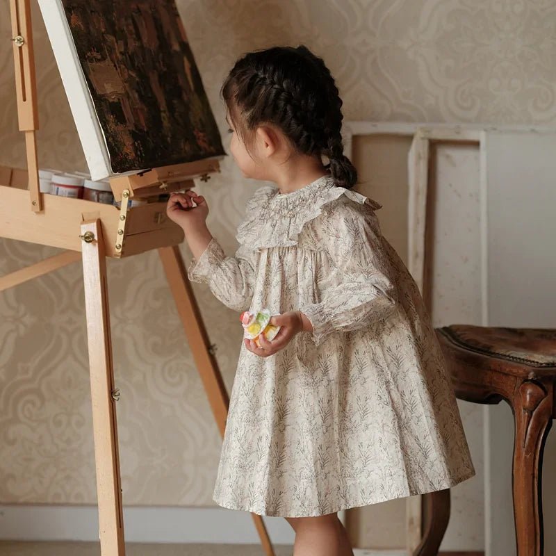 Cotton Smocking Hand Embroidery Knee - Length Girls Dress for Spring & Autumn - JAC