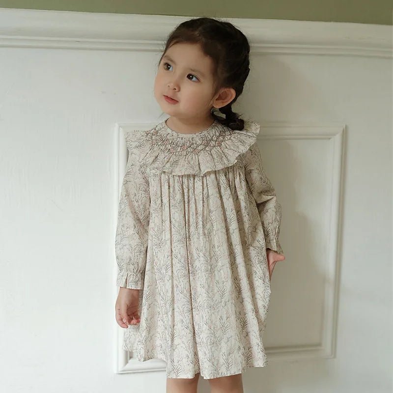 Cotton Smocking Hand Embroidery Knee - Length Girls Dress for Spring & Autumn - JAC