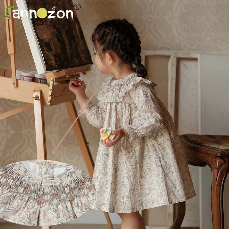 Cotton Smocking Hand Embroidery Knee - Length Girls Dress for Spring & Autumn - JAC