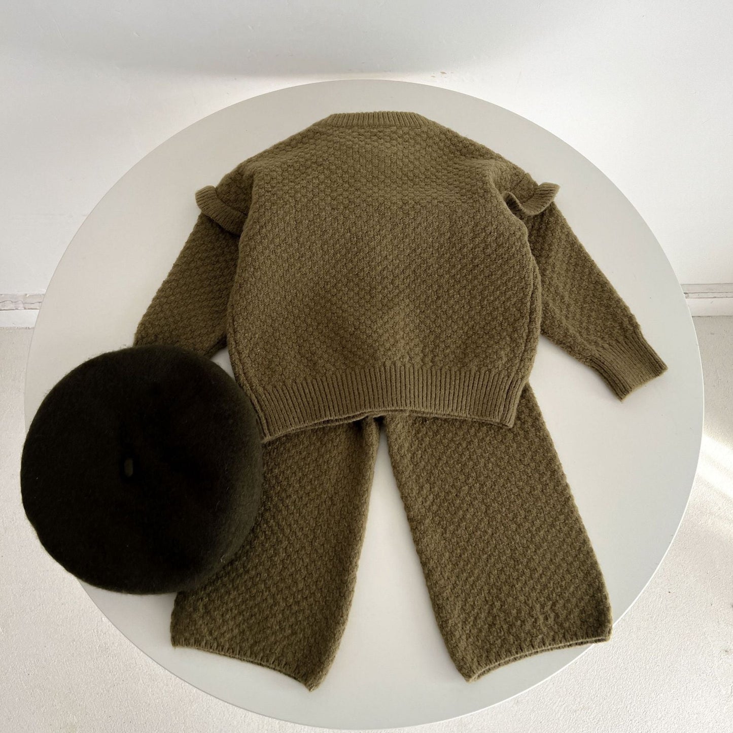 Cozy Brown Knit Ruffle Cardigan and Wide Leg Trousers Set for Girls - JAC