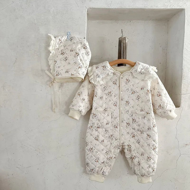 Cozy Floral Baby Romper with Faux Fur Lining and Matching Hat - JAC