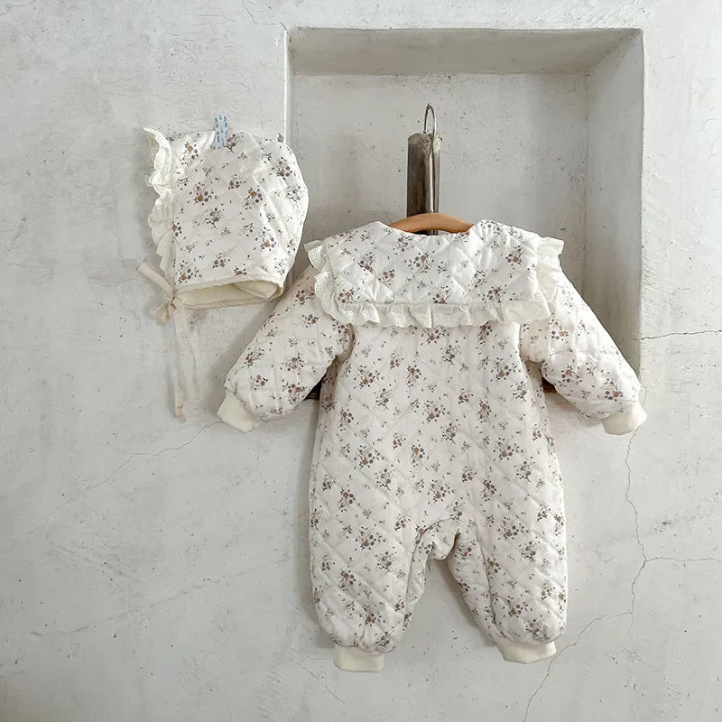 Cozy Floral Baby Romper with Faux Fur Lining and Matching Hat - JAC