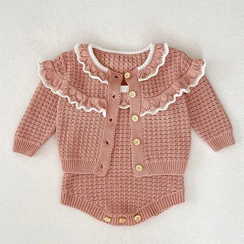 Cozy Knit Patterned Cardigan and Romper Set for Girls - JAC