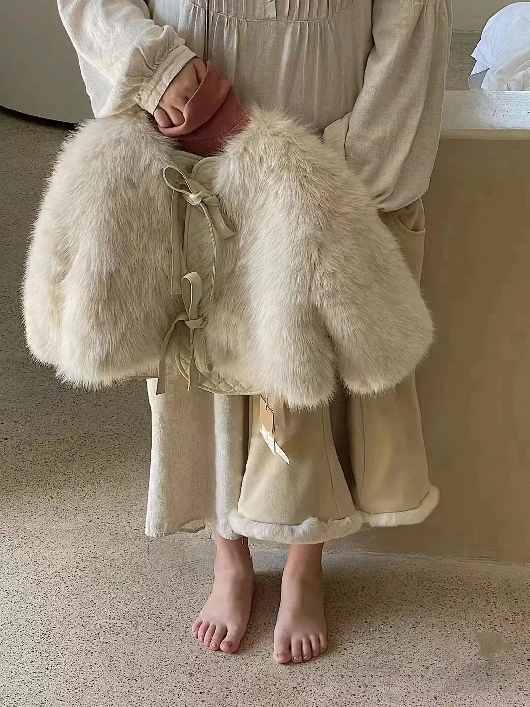 Cream Faux Fur Tie - Up Coat for Girls (2 - 7Y) - JAC