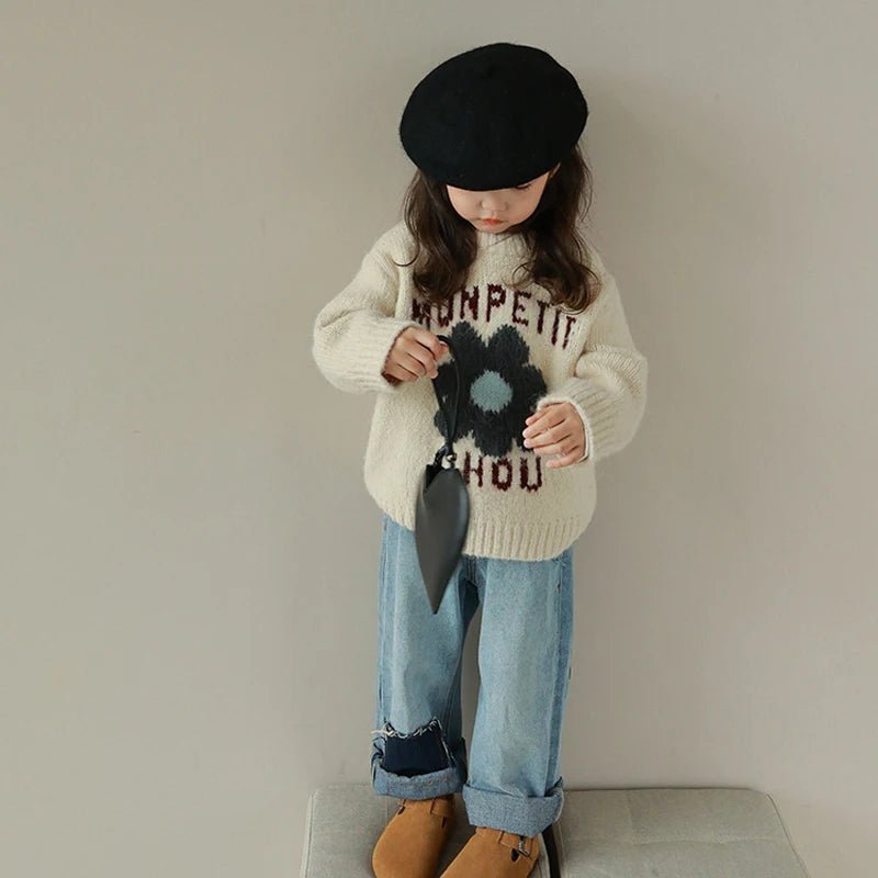 Cream Floral Knit Sweater for Kids - JAC