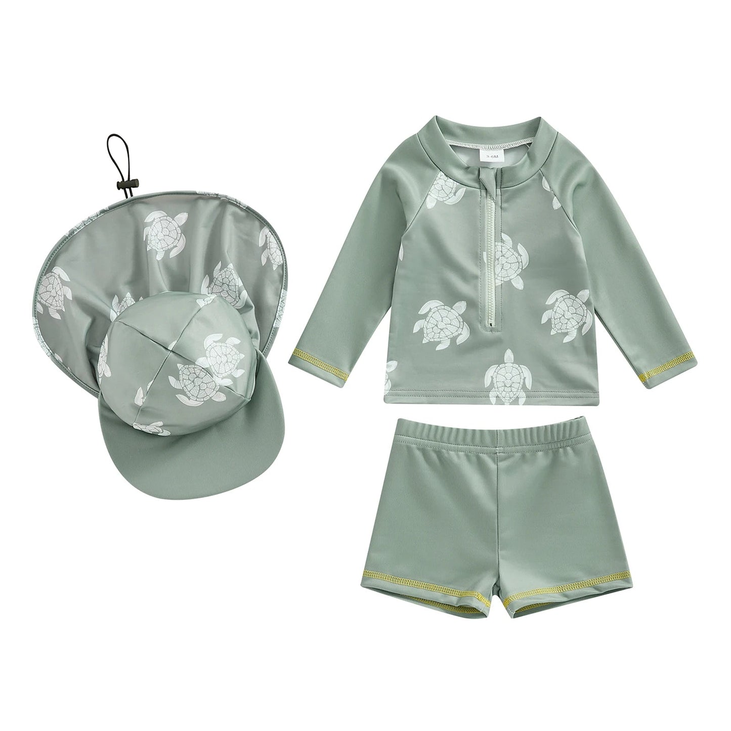 Cute Children Boys Rash Guard Swimwear Kids Bathing Suit Summer Long Sleeve Turtle Print T - shirt with Shorts and Hat Swimwear - JAC