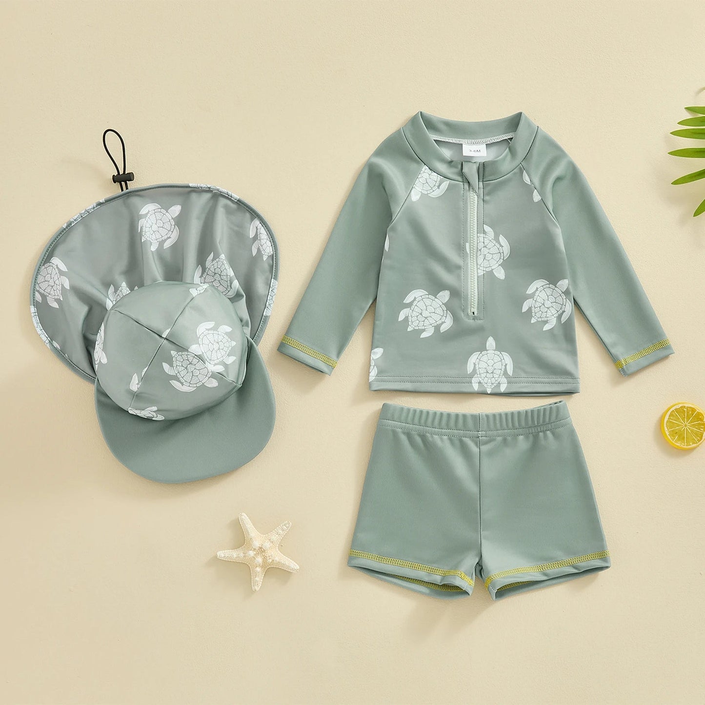 Cute Children Boys Rash Guard Swimwear Kids Bathing Suit Summer Long Sleeve Turtle Print T - shirt with Shorts and Hat Swimwear - JAC