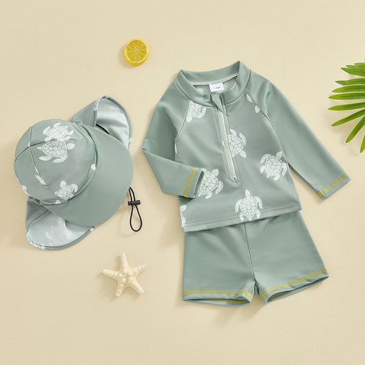 Cute Children Boys Rash Guard Swimwear Kids Bathing Suit Summer Long Sleeve Turtle Print T - shirt with Shorts and Hat Swimwear - JAC