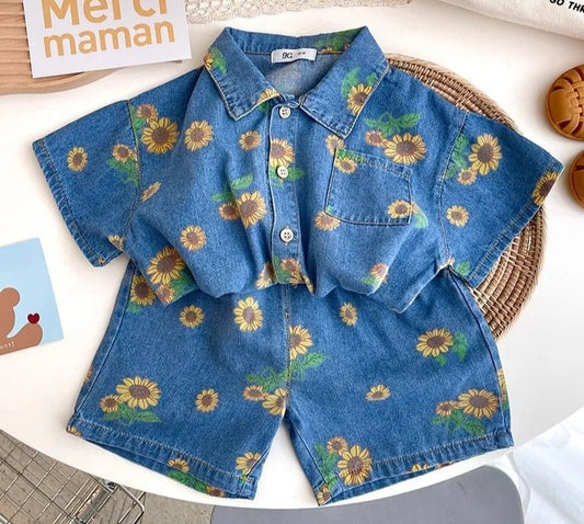 Denim Floral Bear Print Kids Unisex Shirt and Shorts Set - JAC