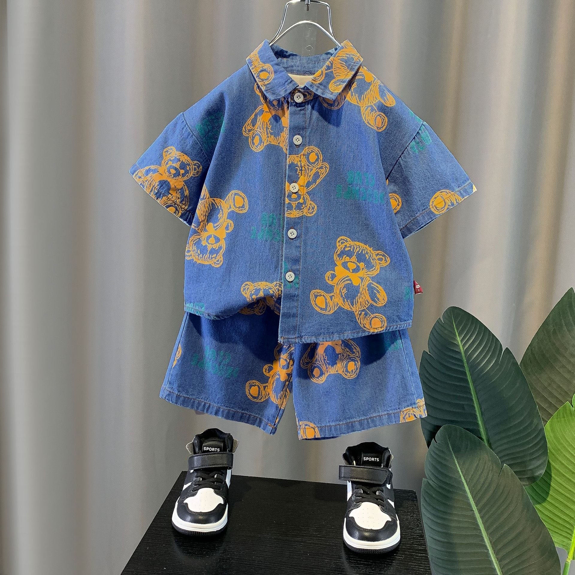 Denim Floral Bear Print Kids Unisex Shirt and Shorts Set - JAC