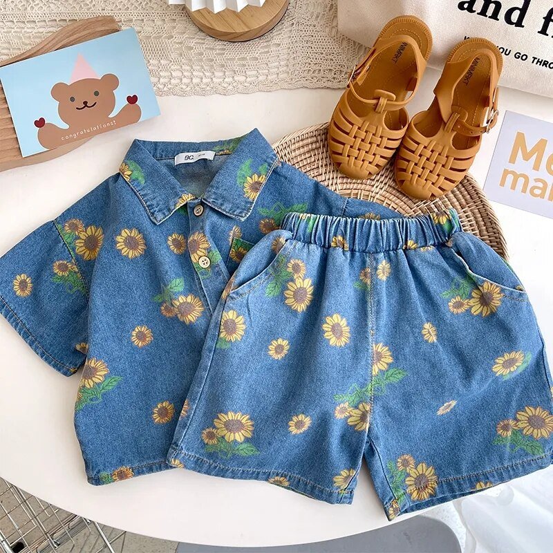 Denim Floral Bear Print Kids Unisex Shirt and Shorts Set - JAC