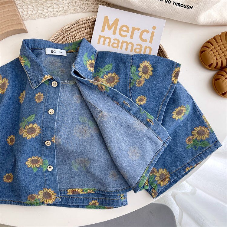 Denim Floral Bear Print Kids Unisex Shirt and Shorts Set - JAC