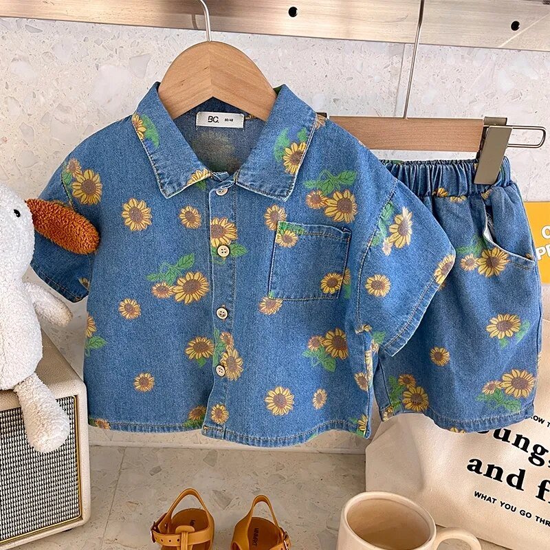 Denim Floral Bear Print Kids Unisex Shirt and Shorts Set - JAC