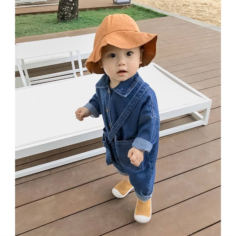 Denim Long Sleeve Unisex Baby Romper - Blue & Apricot - JAC